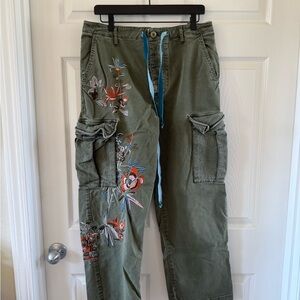 Free People Green Cargo Jumpsuit with Floral Embroidery